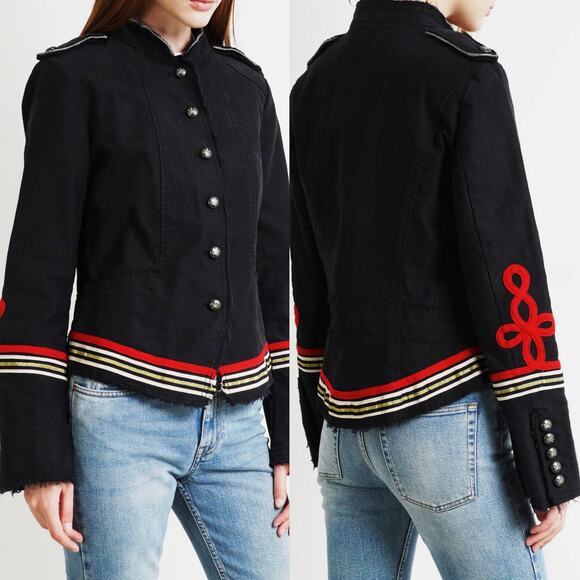 Zadig & Voltaire Lio Deluxe Military Band Jacket Cotton Black Red Gold 38 Medium - Picture 1 of 12